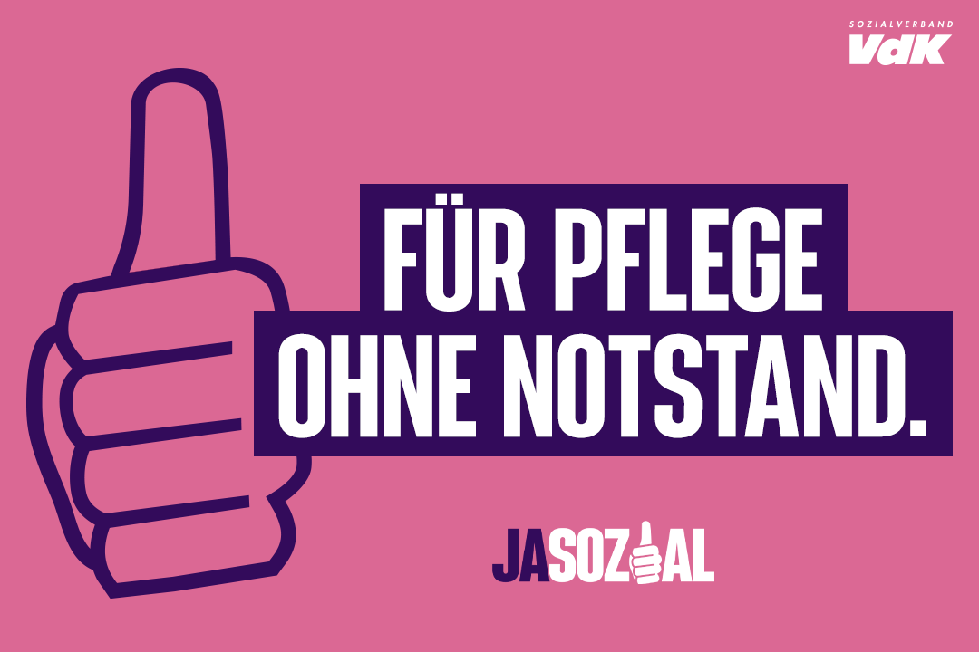 Motiv der VdK-Aktion Jasozial: Grafik in rosa und lila. Zu sehen ist eine Hand, die das "Daumen hoch"-Zeichen macht, und der Schriftzug "Für Pflege ohne Notstand"