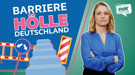 Barrierehölle Deutschland Die Grafik zeigt VdK-Präsidentin Verena Bentele, verschiedene Icons für Verkehrsschilder, Treppen und Hindernisse sowie den Text "Barrierehölle Deutschland"