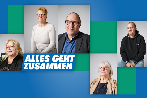 Die Collage zeigt fünf Portraitfotos von Menschen, die ehrenamtlich im VdK engagiert sind, und das Logo der VdK-Aktion "Alles geht zusammen"