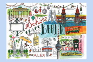 Das Bild zeigt die Vorderseite einer Postkarte, auf der illustrierte Berliner Sehenswürdigkeiten zu sehen sind.
