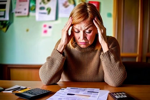 Auf dem Foto ist eine besorgte Frau zu sehen, die auf ihre Rechnungen schaut. Danebn liegt ein Taschenrechner