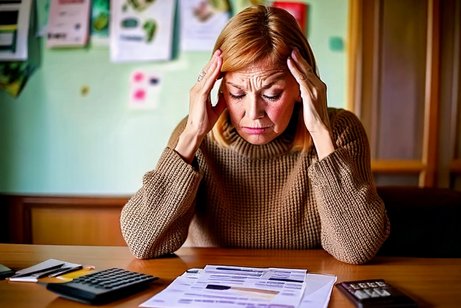 Auf dem Foto ist eine besorgte Frau zu sehen, die auf ihre Rechnungen schaut. Danebn liegt ein Taschenrechner