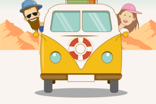Ein Cartoon-Van mit zwei Personen darin, die auf einer Straße fahren.