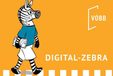 Schwarz-wei&szlig;e Zeichnung eines Zebras mit Brille, blauem T-Shirt und wei&szlig;en Hosen, das ein Tablet h&auml;lt und auf einem Zebrastreifen l&auml;uft.
