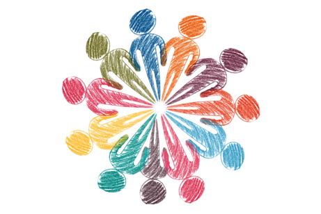 Ein lebhaftes abstraktes Kunstwerk, das einen Kreis von Personen zeigt.