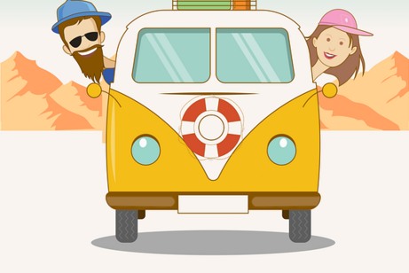 Gelber Retro-Van mit zwei Personen, die aus den Fenstern lehnen, vor Berglandschaft