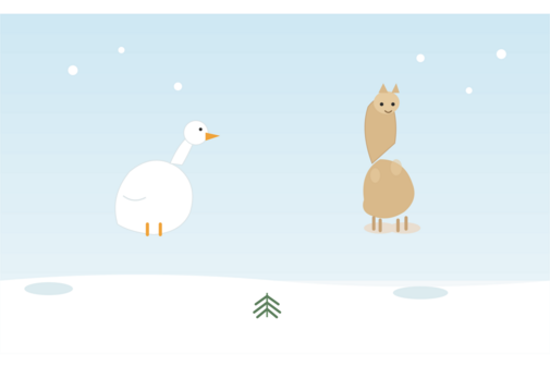 . Eine Ente und eine Gans stehen im Schnee, umgeben von einer winterlichen Landschaft.
