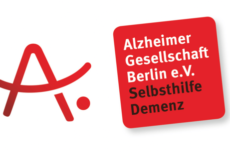 Rotes Logo der Alzheimer Gesellschaft Berlin e.V. mit stilisiertem Buchstaben 'A' und rotem Quadrat mit wei&szlig;er und schwarzer Schrift 'Alzheimer Gesellschaft Berlin e.V. Selbsthilfe Demenz'.