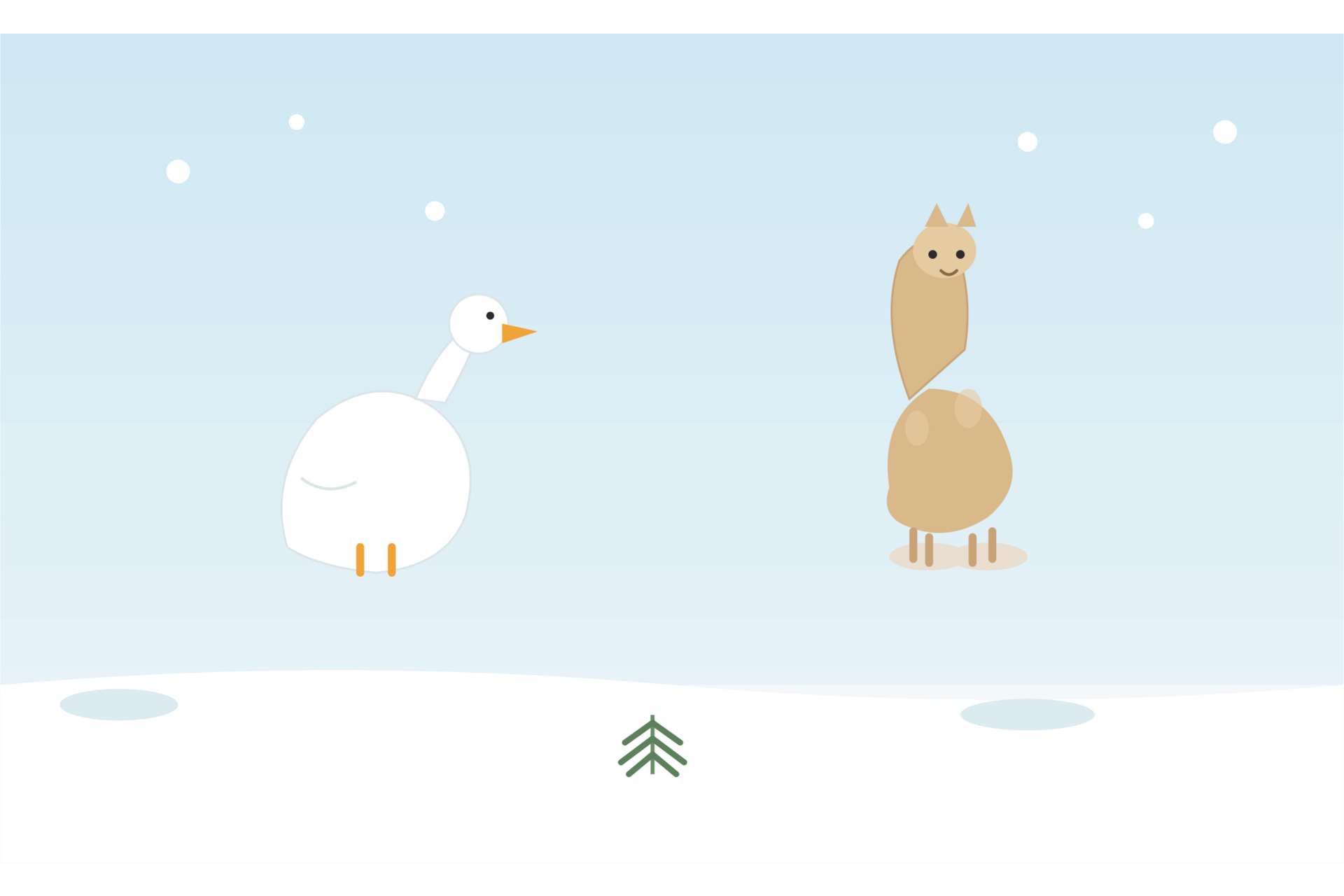 . Eine Ente und eine Gans stehen im Schnee, umgeben von einer winterlichen Landschaft.