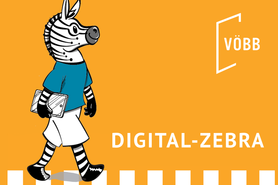 Schwarz-wei&szlig;e Zeichnung eines Zebras mit Brille, blauem T-Shirt und wei&szlig;en Hosen, das ein Tablet h&auml;lt und auf einem Zebrastreifen l&auml;uft.